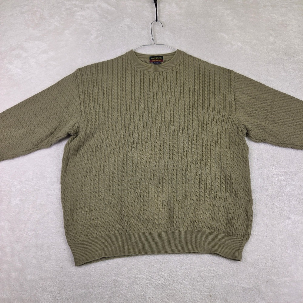 Overton Shirtmakers Mens Large Olive Green Cable Knit Cotton Crewneck Sweater